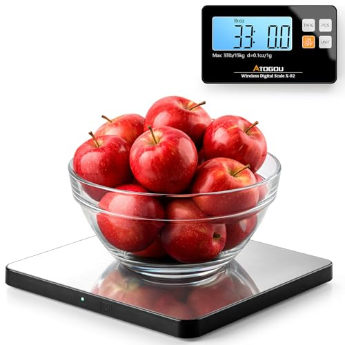 Atogou Upgraded Wireless Food Scale, 33lb/15kg Kitchen Scale with Detachable Display & Larger Platform, 0.1oz/1g, 9 Units, Counting Function, Stainless Steel, for Cooking, Baking, Shipping, Silver