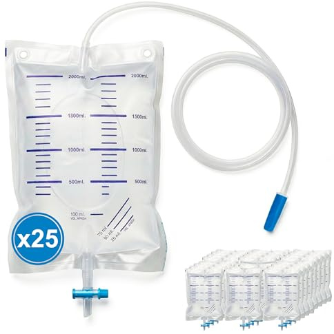KMINA Bolsas de Orina 2 L (25 Unidades) Desechables de PVC sin Látex con Válvula Antirretorno Grifo en T Escala Cada 100 ml Tubo de 90 cm y Ojales