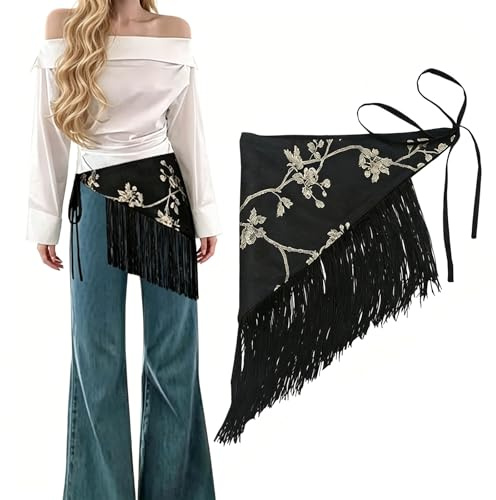 VPbao Women's Fringe Satin Triangular Waist Scarf, Wide Waist Belt Cincher | Silky Decorative Sash, Versatile Adjustable Tie Ethnic Waist Accessory Tassel Hip Scarf for Jeans Dresses