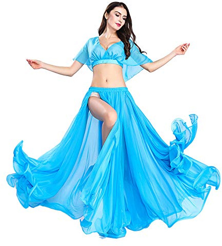 ROYAL SMEELA Träning övning kläder magdans kjol toppar magdans kostym kvinnor chiffong topp kjol set magdans övning kläder magdans outfit sexig magdans kostym magdans kostym magklänning, Ljusblått, en storlek