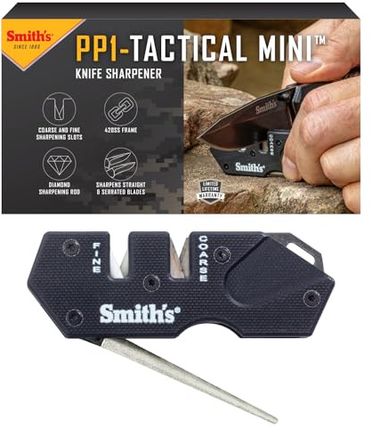 Smith’s 50982 Pocket Pal Mini Tactical Knife Sharpener - Black - 2 Stage Sharpener & Diamond Sharpening Rod - Outdoor Hunting Knife & Hook Sharpener - Compact, Durable, & Lightweight