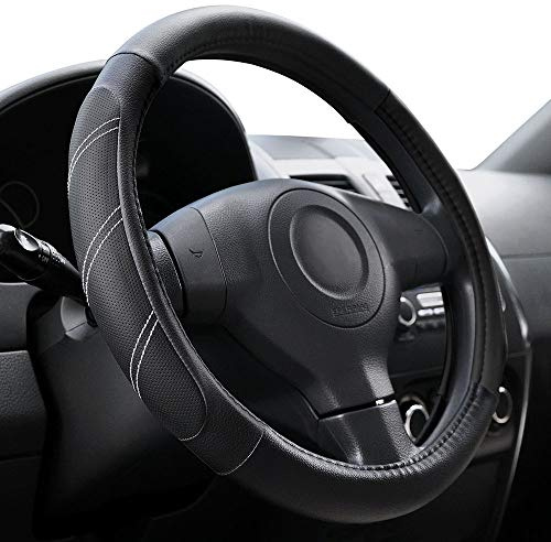 Elantrip Sport Leather Steering Wheel Cover 14 1/2 inch to 15 inch Universal, Padded Soft Grip Breathable for Car Truck SUV Jeep, Anti Slip Odorless Black