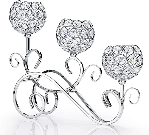 SUMTree 3-Arm Crystal Bowls Tealight Candelabra Candle Holder for Home Office Wedding Decoration Silver