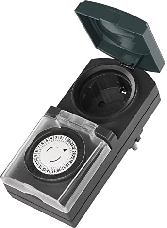 EMOS Temporizador mecánico para Exteriores, IP44, Enchufe Schuko para Exteriores, con Seguridad Infantil, Tapa Plegable, regulador Giratorio