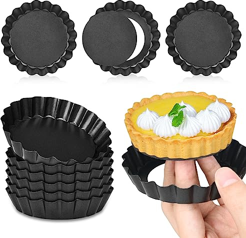 SEGNAYEN Mini latas para hornear, moldes para quiche de 10 cm con parte inferior suelta extraíble, bandeja redonda antiadherente, bandeja de quiche individual pequeña estriada, bandejas para hornear