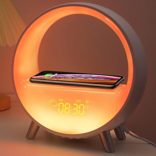 SUNJULY AtmosphäRenlampe Mit Kabellosem LadegeräT, 2025 WIFI Neue Intelligente LED Tischlampe, 5.0 HiFi Bluetooth Lautsprecher, Dimmbare Nachtlicht Lampe Musik Alarm Clock Wetter Uhr, App Steuerung