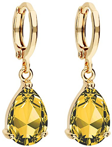 LÖB Damen Creolen Ohrringe Hängend mit Zirkonia Stein Tropfen-Anhänger Oval Tropfenform Tropfenohrringe Gold Vergoldet Gelbgold Citrin Gelb