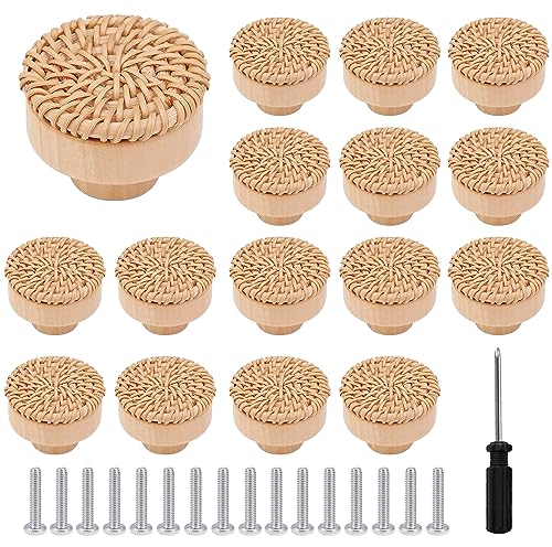 ZIOYA 16 Stück Rattan Möbelknöpfe Schrankknöpfe mit Schrauben und Schraubendreher Schubladenknöpfe Rattan Schränke Holz für Kommodenknöpfe Schrank Schubladen Wohnzimmer 40 x 30 mm