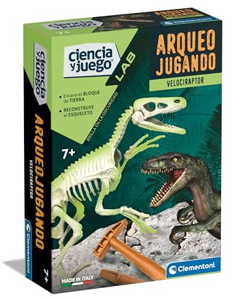 Clementoni 55539 Arqueojugando Velociraptor fosforescente Juego de Ciencias, para Montar tu Propio Dinosaurio fosforescente y Descubrir la Ciencia de la arqueología, A Partir de 7 años