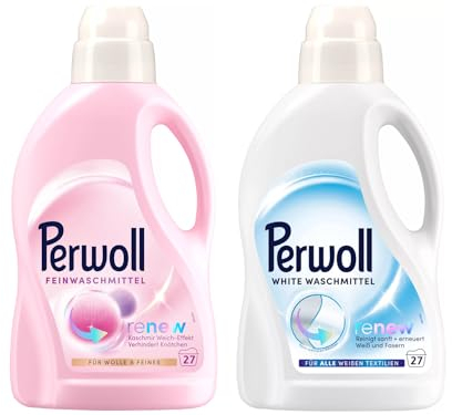 PERWOLL Flüssig-Set 2x 27 Waschladungen (54WL) 1x Für Wolle & Feines & 1x White, Feinwaschmittel glättet und erneuert Fasern & Feinwaschmittel reinigt sanft und erneuert Weiß und Fasern