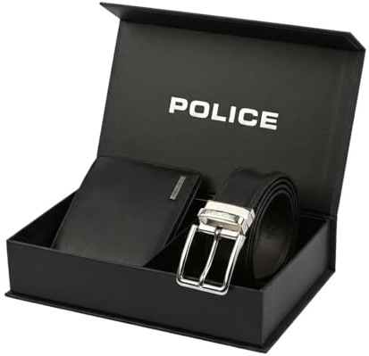 Police Cofanetto Regalo Uomo, Portafoglio e Cintura Reversibile Nero/Marrone in Vera Pelle