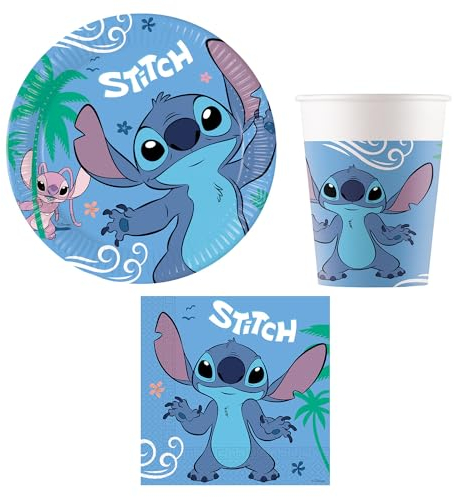 Procos - Set de fiesta Stitch and Angel, vajilla de fiesta de 52 piezas para fiestas de cumpleaños infantiles o fiestas temáticas, decoración de mesa