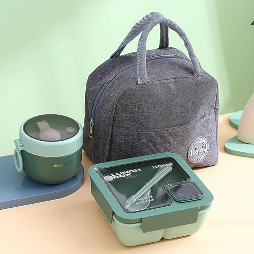 Bento Box for Adults Kids, 1100ML Bento Lunch Box with Bag and Cutlery, Microwave Safe Lunchbox, Portable Leakproof Meal Prep Container Box, Food Storage Lunchbox for Work Student School Office, Green