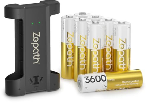 Pilas Rechargeable AA Lithium 8 Pack avec Chargeur,3600mWh 1.5V de Haute Capacité Batterie au Lithium AA,Batteries AA Rechargeables