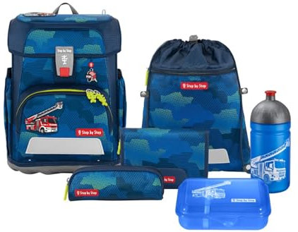 Step by Step Schulranzen-Set Cloud Fire Engine Brandon, inkl. Brotdose und Trinkflasche, ergonomischer Tornister mit Reflektoren, höhenverstellbar mit Hüftgurt, ab der 1. Klasse, 19l