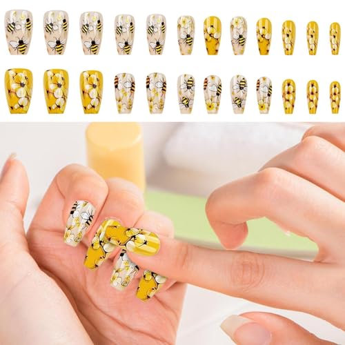 24pcs False Nails, Press on Nails, Bees & Flowers GLAMs Nail Stickers, Medium Square Tips Spring Floral Press-Ons, With 3D Honeycomb Texture, Reusable & non-toxice