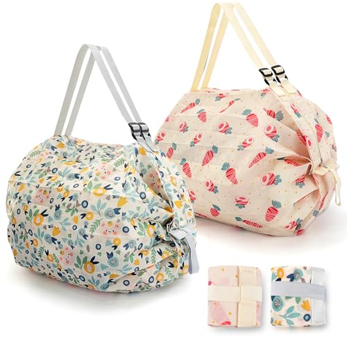QZDAFFIC 2 pezzi borsa per la spesa pieghevole, borsa da spiaggia con chiusura lampo, riutilizzabile, borsa per la spesa, grande impermeabile, per viaggi, shopping, campeggio