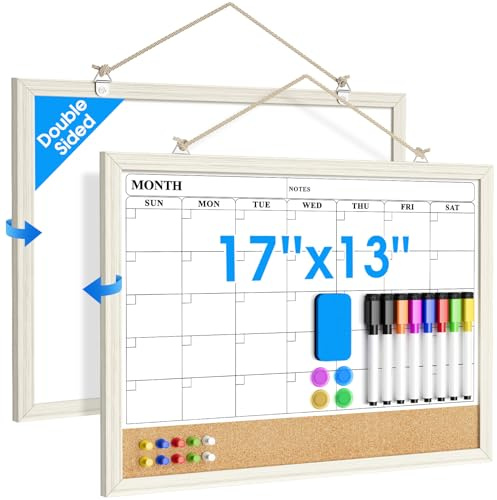 MaxGear Calendar Whiteboard for Wall, 17 x 13 Inch Double Sided Monthly Calendar Whiteboard with Cork Board Strip, Magnetic Dry Erase Board with Wooden Frame for Kitchen and Home Office Planning