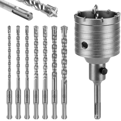 WADEO Set 7 Pezzi Punte SDS Plus 160mm + Seghe a Tazza Ø68mm, Punte per Muratura in Metallo Duro, per Calcestruzzo, Mattone, Pietra - Accessori Professionali per Trapani
