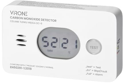 Virone Detector Monoxido de Carbono A Pilas con Pantalla LCD - Vida Útil de 10 Años - IP20 - Medición de Temperatura y Humedad del Aire