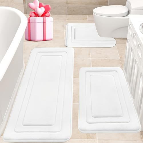 Jyswx Set di 3 tappeti da bagno, in memory foam, antiscivolo e assorbente, lavabili, morbidi e ad asciugatura rapida, per doccia, WC e vasca da bagno, colore: bianco