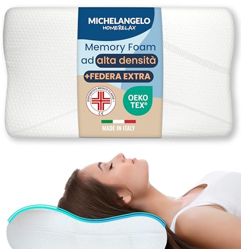 Michelangelo HomeRelax - 1 Cuscino Cervicale PREMIUM in Memory Foam + Federa di Ricambio Per Dormire Made in Italy DISPOSITIVO MEDICO Ortopedico Ergonomico Anallergico Traspirante