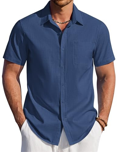 COOFANDY Mens Cotton Shirts Short Sleeve Summer Shirts Regular Fit Holiday Beach Shirt with Pockets