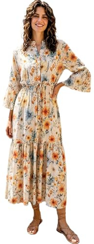 ERAKLE Abito Midi a Fiori Artistico – Vestito al Polpaccio con Vita Regolabile e Balza, Collo alla Coreana e Maniche a Tre Quarti (Acquerello o Line Art) (IT, Testo, M, Regular, Regular, Multicolore)