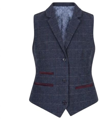 TruClothing Women's Navy Blue Wool Blend Tweed Herringbone Checkered Blazer Waistcoat