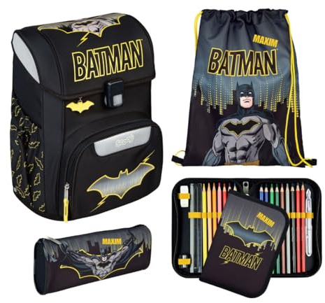 Undercover Ensemble cartable 5 pièces pour fille 1ère classe - Avec contenu personnalisé - Sac de gym - Trousse d'école primaire - Motif Scooli, Batman noir, Ensemble cartable