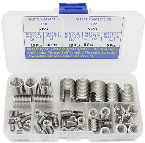 Threaded Inserts, M3 M4 M5 M6 M8 M10 M12 302 Stainless Steel Self Tapping Thread Insert Screw Bushing Slotted Wire Thread Repair Insert-55 Pcs