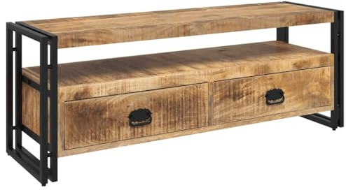 vidaXL Solid Mango Wood TV Cabinet with Steel Frame – Vintage-Style Television Stand with Storage Drawers and Shelf, Sturdy Living Room Furniture for TV, Gaming Console, Multimedia – Brown
