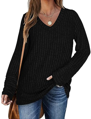 PLOKNRD Tröjor dam ledig långärmad överdimensionerade tröjor pullover v-ringad lös lätt topp basic, Svart, M