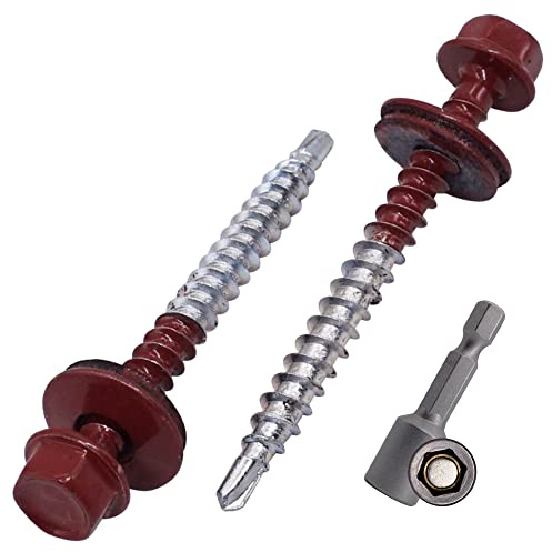 SKIR'CO (200 st) Målade takskruvar 4,8 x 50 mm, sexkantshuvud, självborrande skruvar med EPDM-brickor (oxidröd, RAL 3009)
