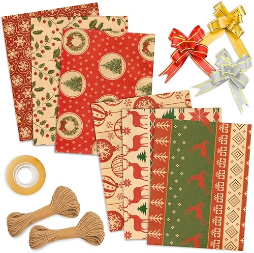 Üka • Papel Regalo Navidad + Accesorios. Pack 6 Hojas de 50x75 cm. Papel para Regalos Medianos y Pequeños. Papel de Regalo Kraft con 10 Lazos Decorativos, 20 m de Cuerda Yute y Cinta Adhesiva.