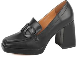QUEEN HELENA Mocassini con Tacco Largo Scarpe Eleganti con Fibbia Donna ZM9616 (Nero, Sistema Taglie Calzature EU, Adulto, Donna, Numero, Media, 39)