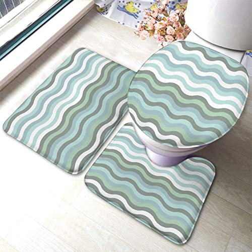 3 Piezas Juego De Alfombra De Baño Rayas Onduladas Verde Menta Chevron Alfombras De Cama Durable Forma De U para Baño, para Dormitorio, Cocina