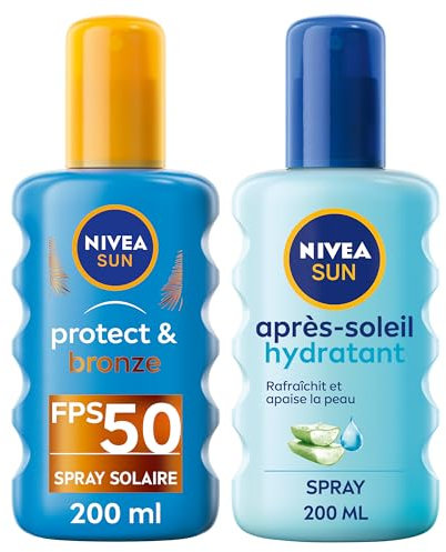 NIVEA SUN Routine bronzage & haute protection solaire avec spray solaire Protect & Bronze FPS 50 et après-soleil hydratant, Protection anti UV pour tous types de peau