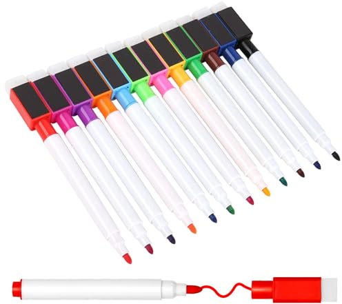 qijiefenCC 12 Stück Whiteboard Marker,Farbe Magnetische Whiteboard Stifte,Trocken Abwischbar Whiteboard Stifte mit Radierer,Fine Tip folienstift,für Büro, Schule, Zuhause usw