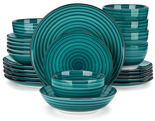 vancasso Bonbon 24-Piece Stoneware Dinner Set for 6 - Double-Sided Handpainted Swirl Plates & Bowls, Dishwasher Safe & Lead-Free, Sage Green Dinnerware for Family Gatherings & Daily Use