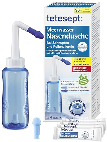 tetesept Meerwasser Nasendusche bei Schnupfen und Pollenallergie – Inkl. 4 Beutel Nasenspülsalz - Zur Nasenspülung mit zwei austauschbaren Aufsätzen auch für Kinder geeignet