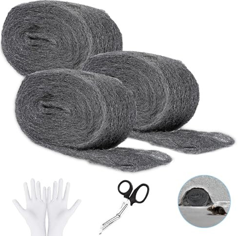 Riisoyu 3 unidades de lana de acero con tijeras, 3m eficaz contra ratones con guantes de trabajo tijeras eficaz lana de acero inoxidable flexible contra roedores lana de acero para agujeros