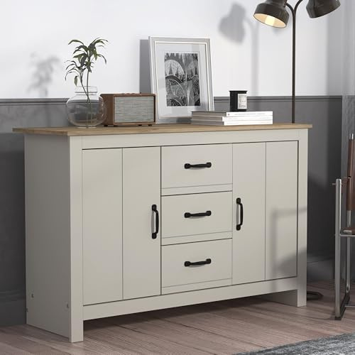 Galano Laverton 2 Door 3 Drawer Sideboard, Storage Cabinet and Organizers, Freestanding Cabinet for Living Room and Entryway – Light Grey/Oak