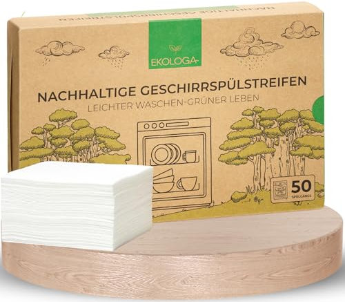 Ekologa Geschirrspülstreifen - 50 Umweltfreundliche Spülgänge – Vegane, Plastikfreie & Biologisch abbaubare Tabs Alternative für sauberes Geschirr (50 Stück)
