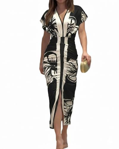 CHICME Summer Dresses for Women Floral Print Plunge V Neck Midi Dress Casual Ruched Slit Bodycon Party Dress Black-S