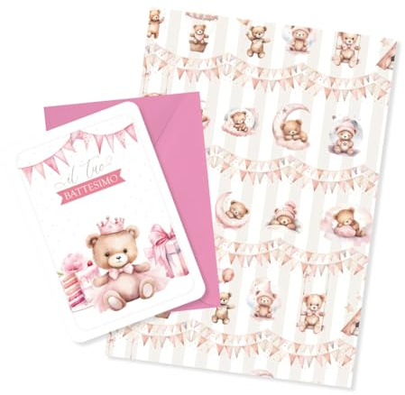 Set Battesimo con Biglietto 16 x 12 cm e Carta Regalo 100 x 70 cm, Motivo Orsetto Rosa