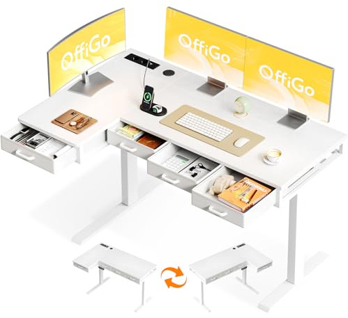 OffiGo Scrivania Regolabile in Altezza, 140x80 cm Scrivania Angolare con 4 Cassetti, Elettrica Scrivanie ad Angolo con Presa, Grande Standing Desk a L per Ufficio e Studio, Computer Desk Bianco