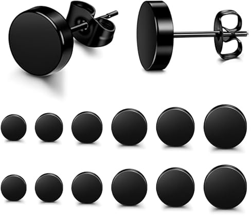 Dulynva 6 Paires Boucles d'oreilles Homme Noir Clous d'oreille Boucle d'oreille Homme Plat Rondes Boucle Oreille en Acier Inoxydable Unisexe Boucles d'oreilles pour Hommes et Femmes (3mm-8mm)