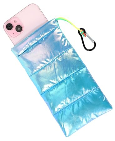 Lyreh Étui Thermique Téléphone, 19x10,5cm Housse Thermique Téléphone en Coton Duvet avec Cordon de Serrage et Mousqueton pour Protection Contre la Surchauffe et Gel(Bleu Irisé)