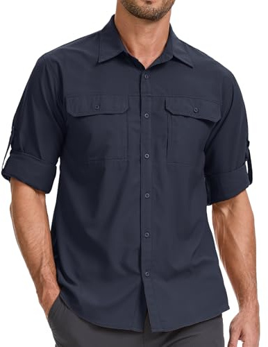 mosingle Camicia da uomo a maniche lunghe con protezione solare, ad asciugatura rapida, traspirante, per pesca, safari, escursioni, viaggi, campeggio, Blu scuro, L